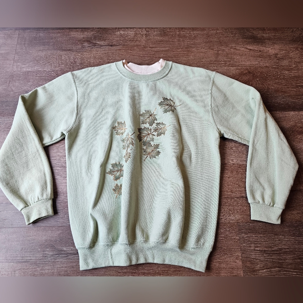Vintage Flowers Morning Sun Autumn Leaf Bedazzled w/Gold Crewneck Sweater M